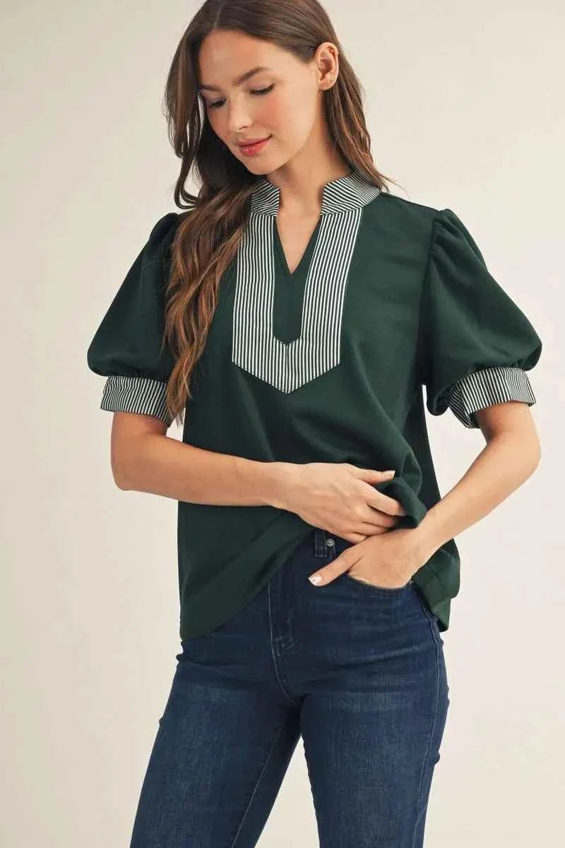 Hunter Green Puff Sleeve Top with Stripe Contrast