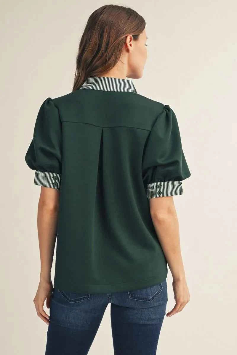 Hunter Green Puff Sleeve Top with Stripe Contrast
