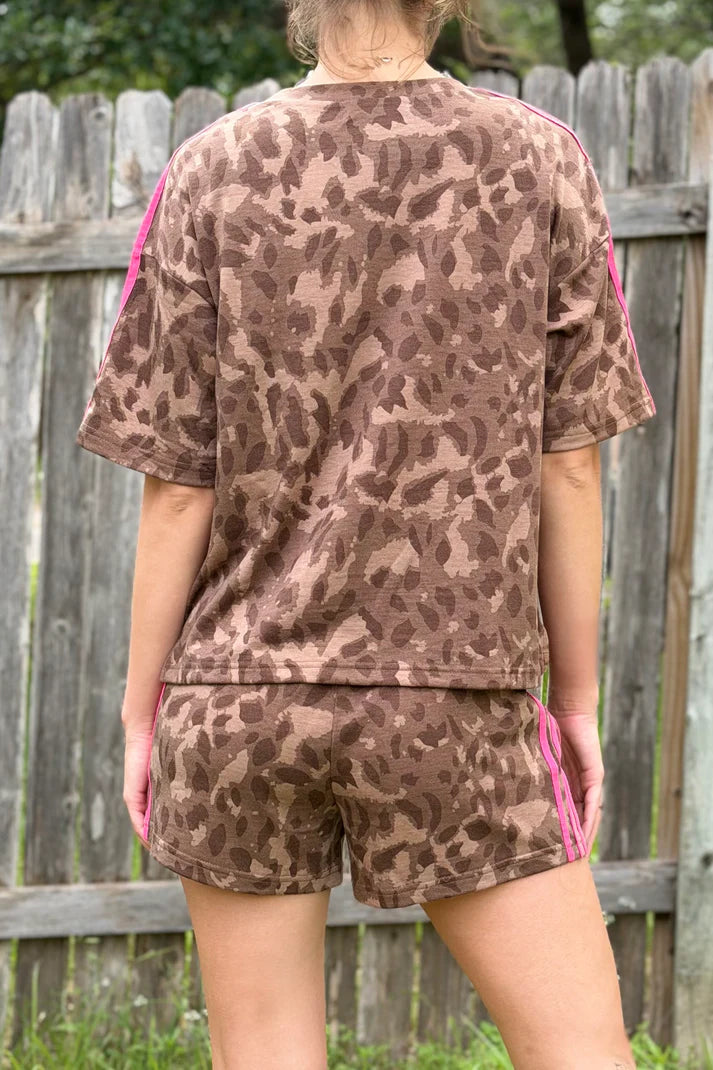 Brown Leopard Short Set with Pink Trim