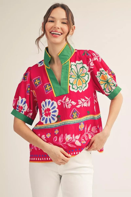 Fuchsia Bloom Boho Puff Sleeve Top