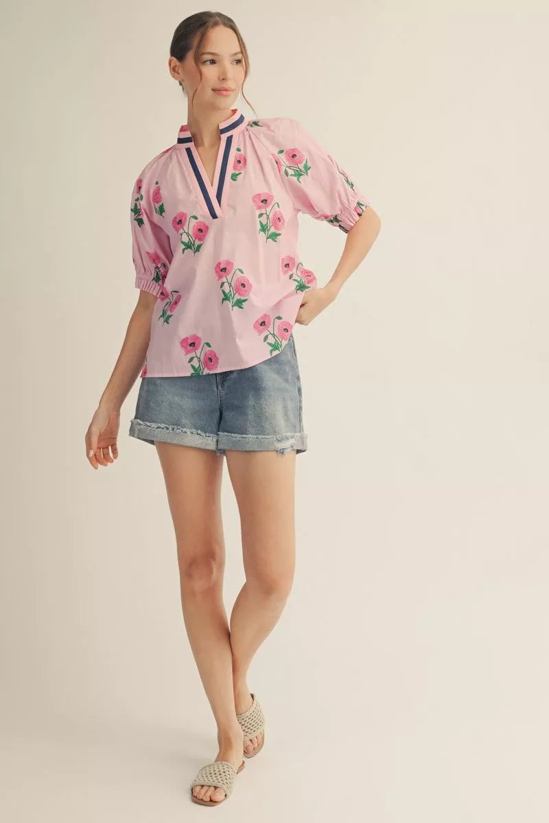 Floral Drop Shoulder Top with Ruffle Sleeve Cuffs
