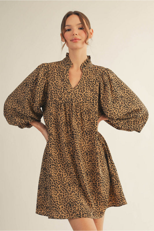 Leopard Print Ruffled Babydoll Dress