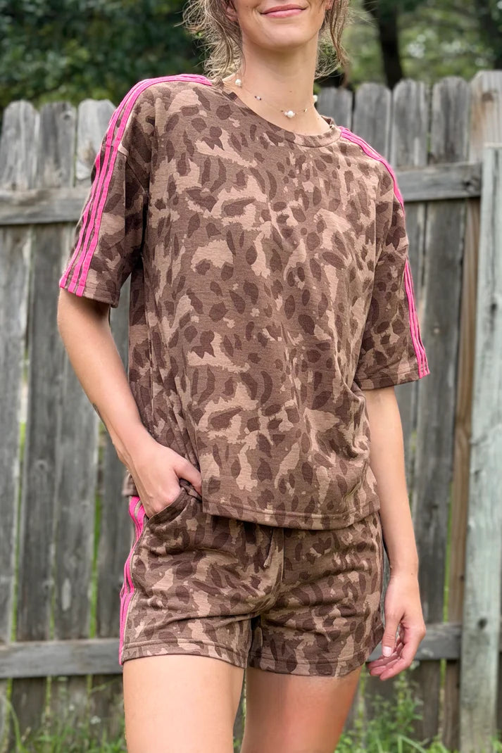 Brown Leopard Short Set with Pink Trim