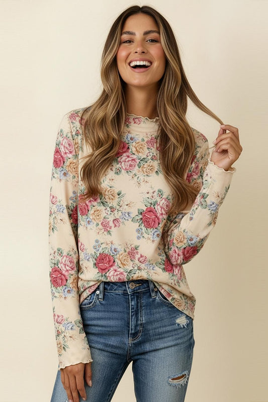 Merrow Hem Long Sleeve Vintage Floral Top