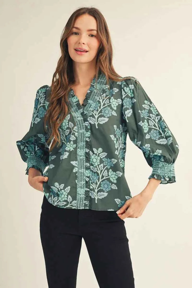 Hunter Green Floral Print Smocked Puff Sleeve Top