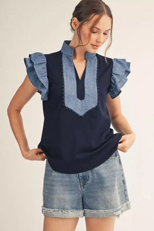 Navy Harbor Ruffle Sleeve Contrast Top