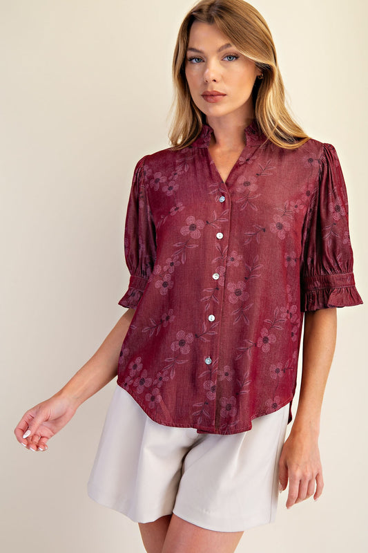 Burgundy Bloom Ruffle Neck Blouse