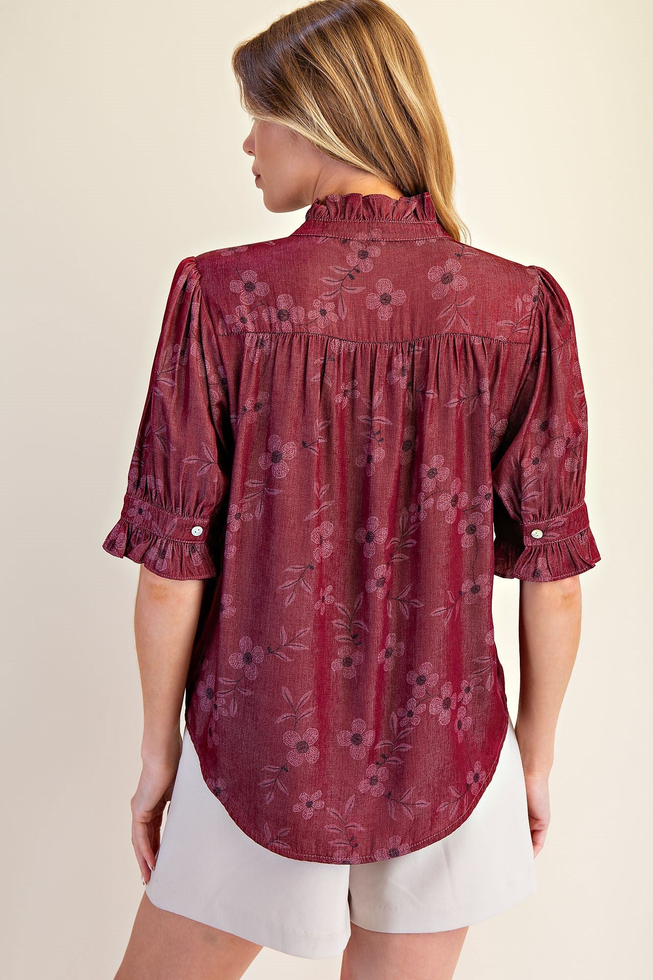 Burgundy Bloom Ruffle Neck Blouse