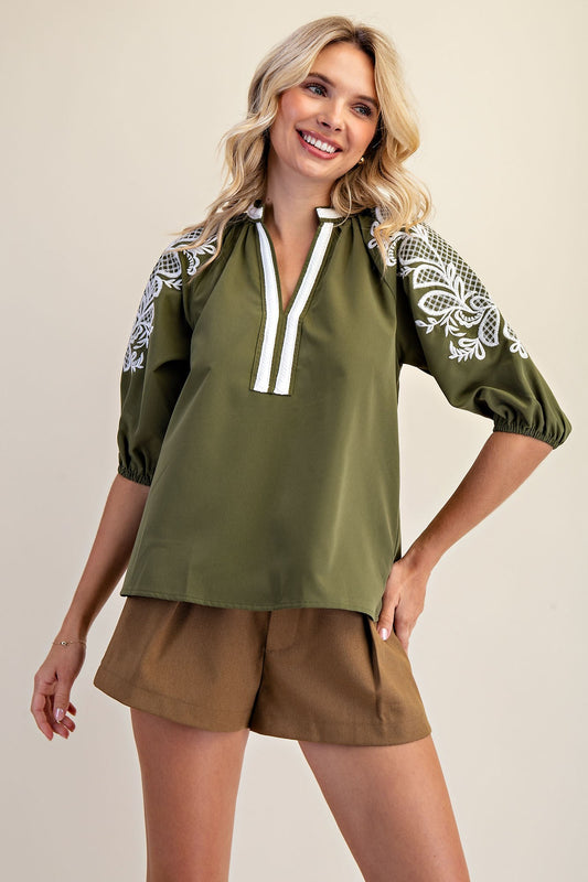 Olive Essence Embroidered Sleeve Top