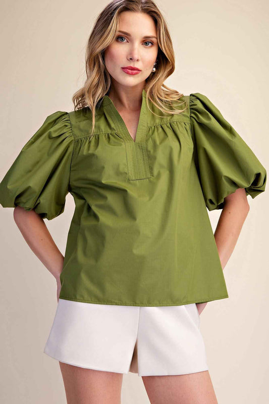 Olive Grove Elegance Bubble Sleeve Blouse