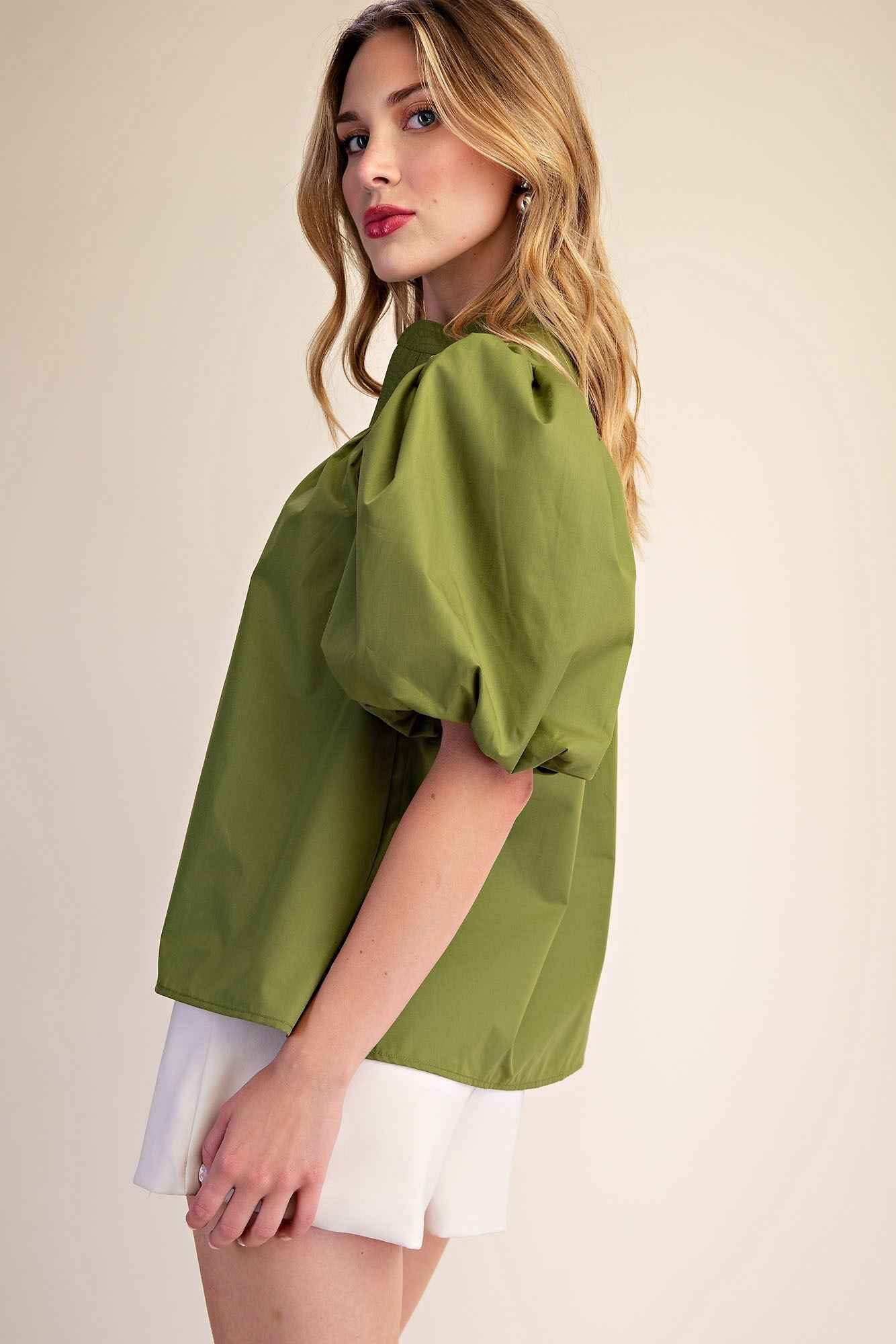 Olive Grove Elegance Bubble Sleeve Blouse