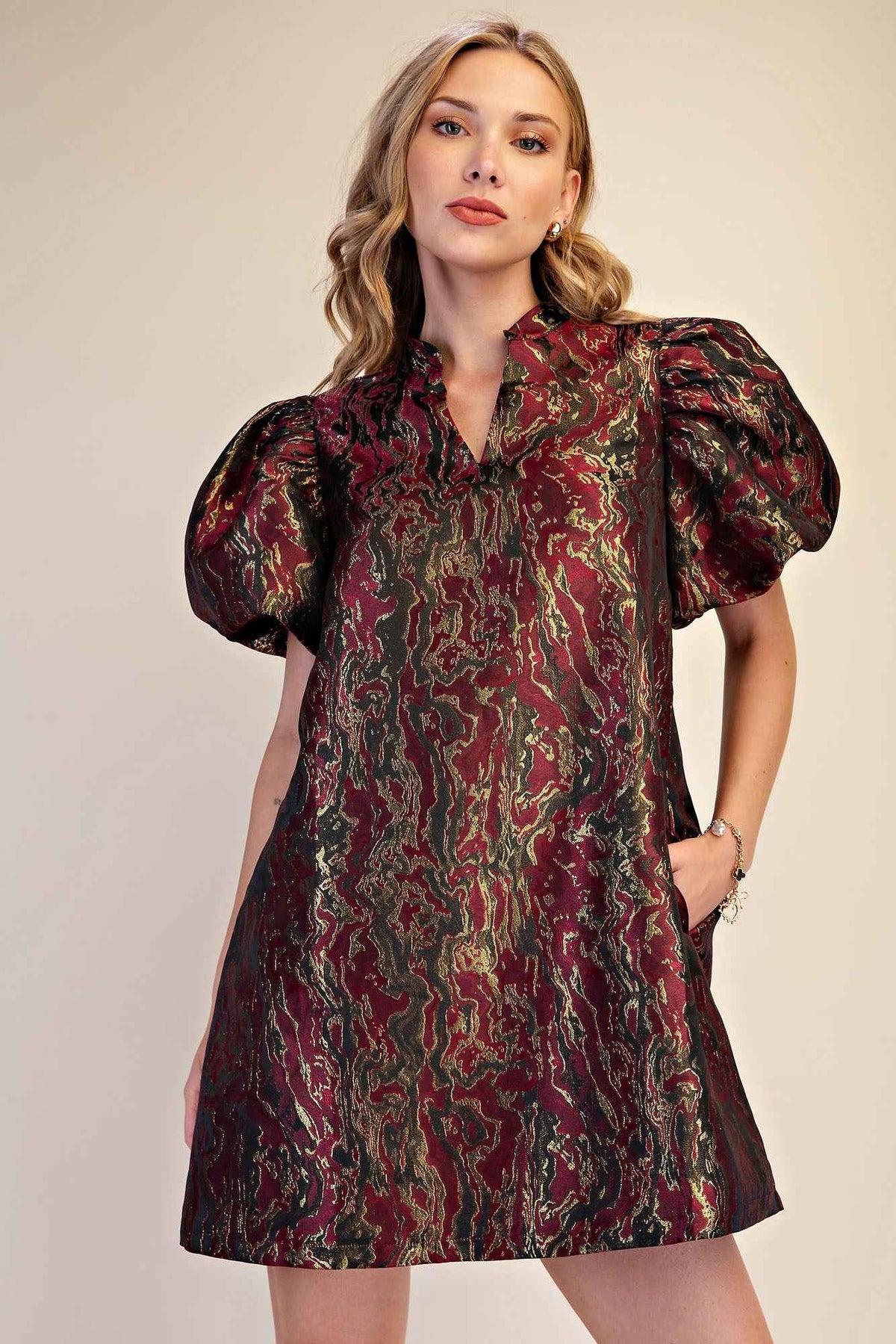 Metallic Jacquard Puff Sleeve Mini Dress