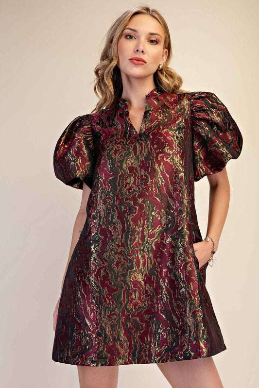 Metallic Jacquard Puff Sleeve Mini Dress