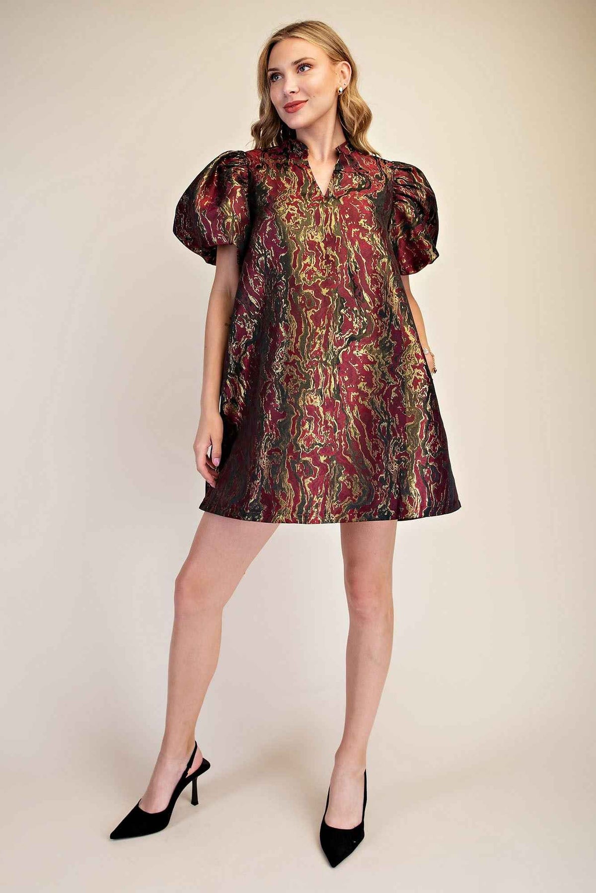 Metallic Jacquard Puff Sleeve Mini Dress