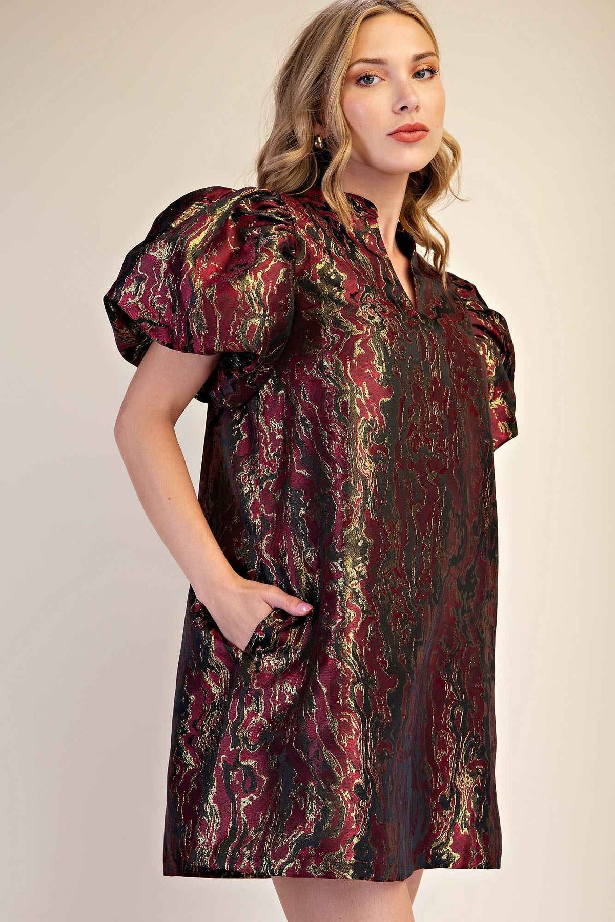 Metallic Jacquard Puff Sleeve Mini Dress
