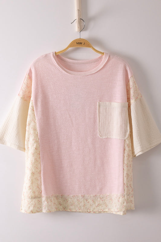 Oversized Mixed Media Knit Top – Floral Patch Pocket Tee (Lt Lemon & Pink)
