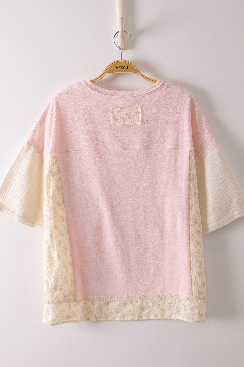 Oversized Mixed Media Knit Top – Floral Patch Pocket Tee (Lt Lemon & Pink)