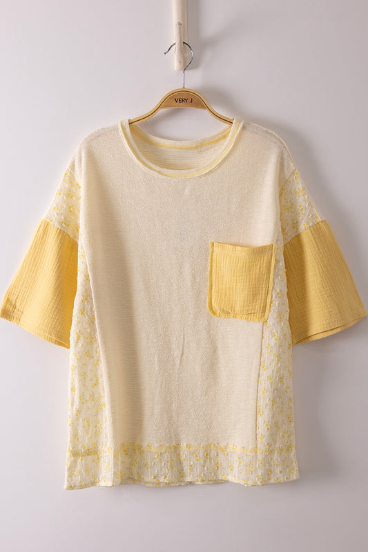 Oversized Mixed Media Knit Top – Floral Patch Pocket Tee (Lt Lemon & Pink)