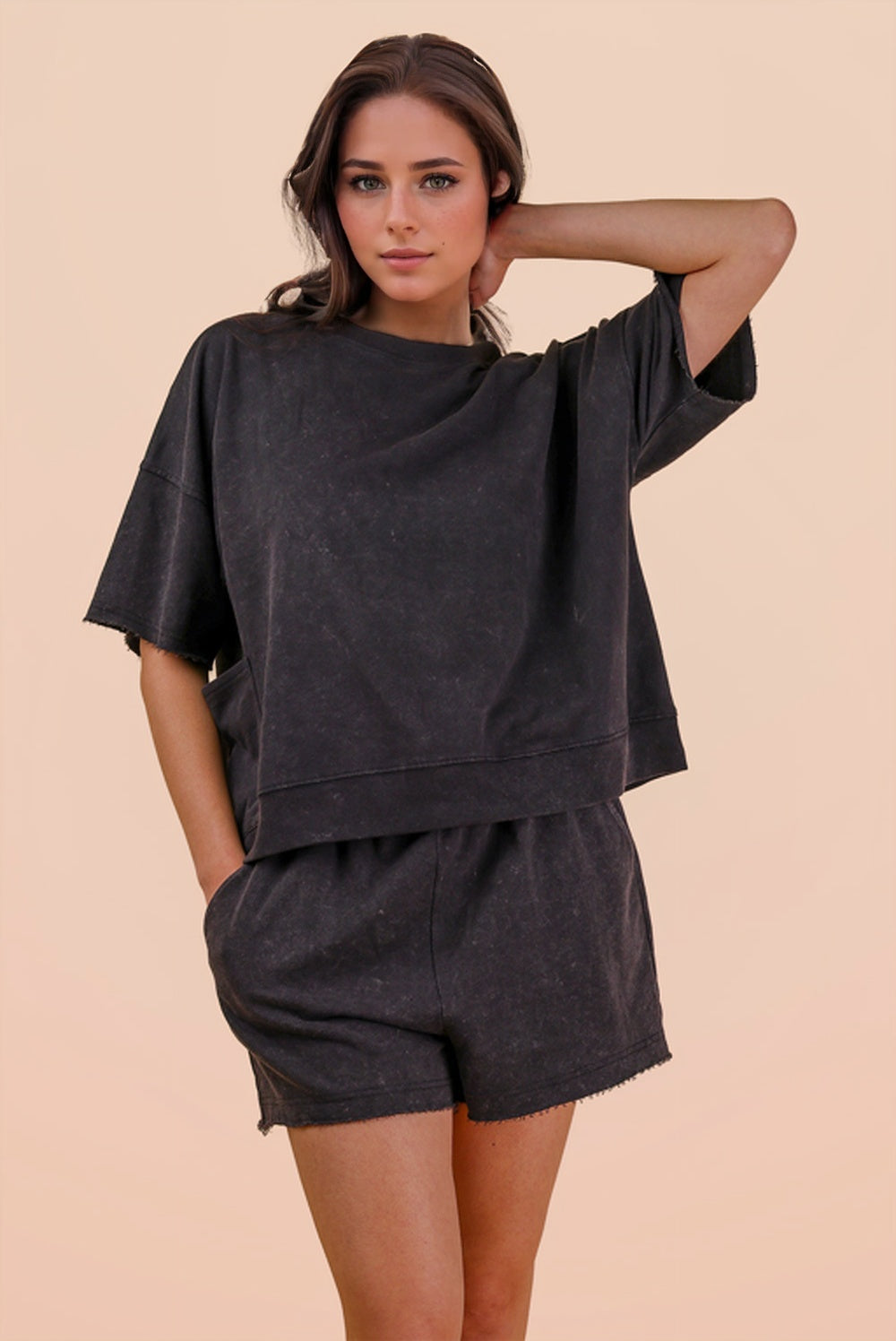 Black Mineral Washed Knit Casual Top & Shorts Set