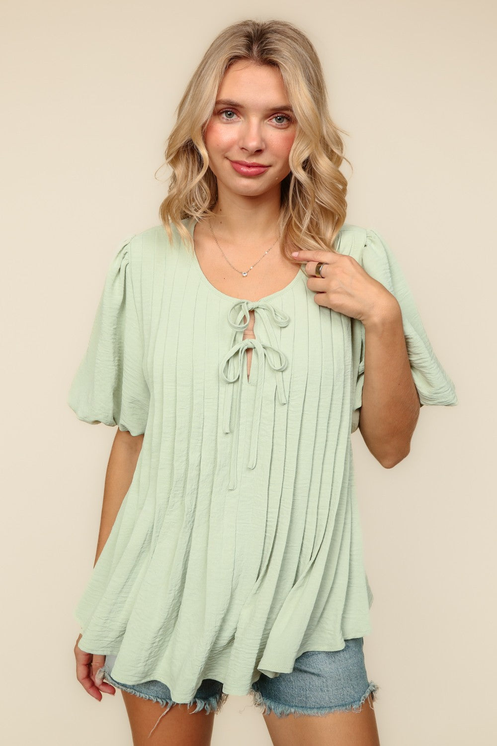 Sage Pleated Woven Blouse
