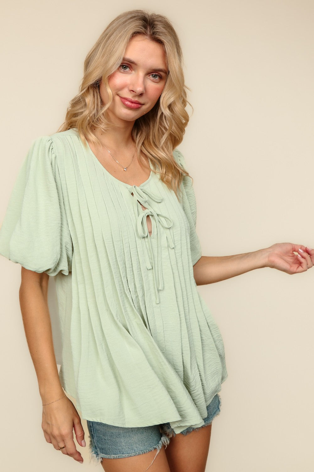 Sage Pleated Woven Blouse