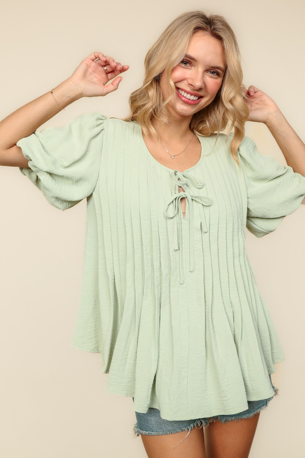 Sage Pleated Woven Blouse