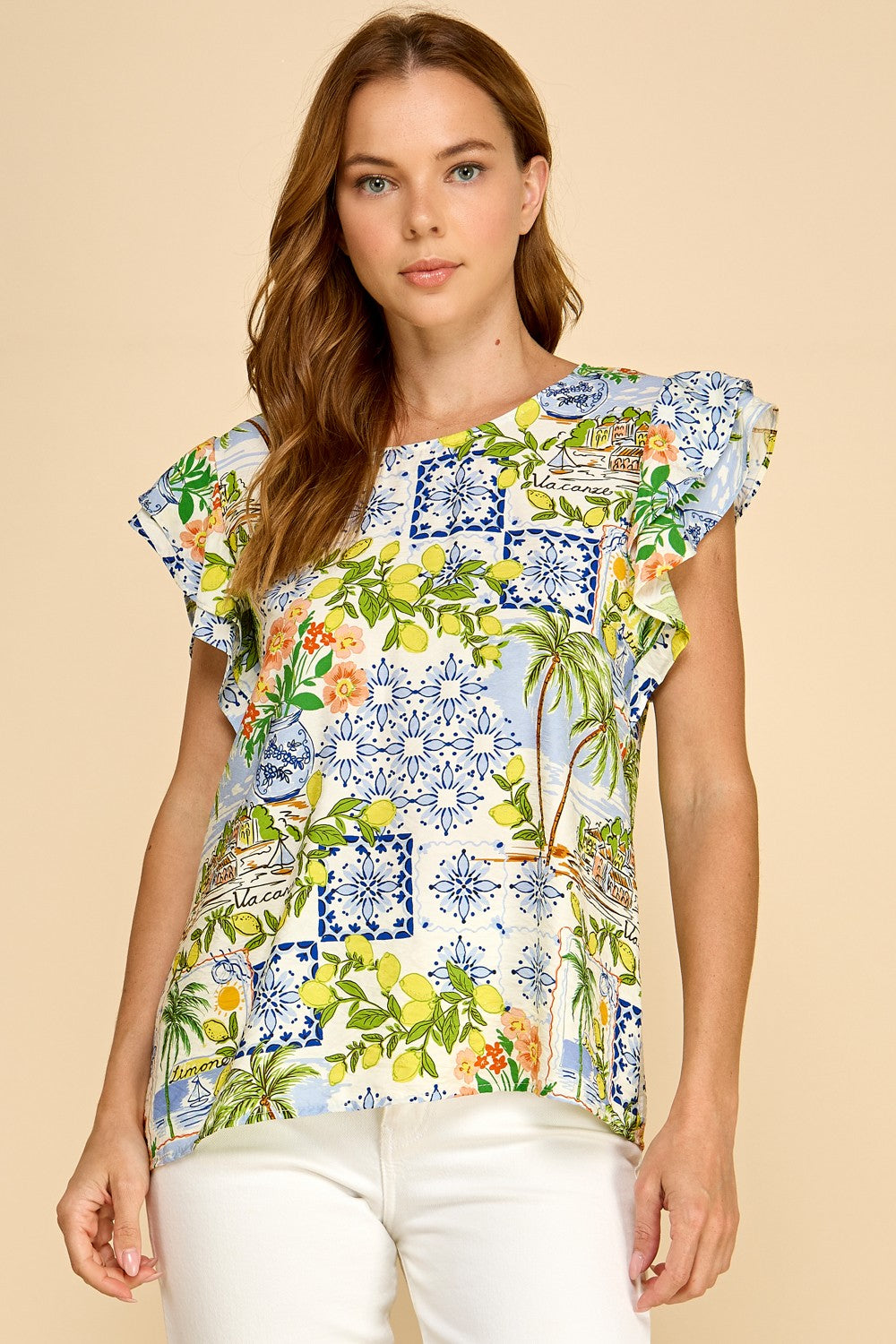 Mediterranean Printed Ruffle Sleeve Blouse – Summer Essential