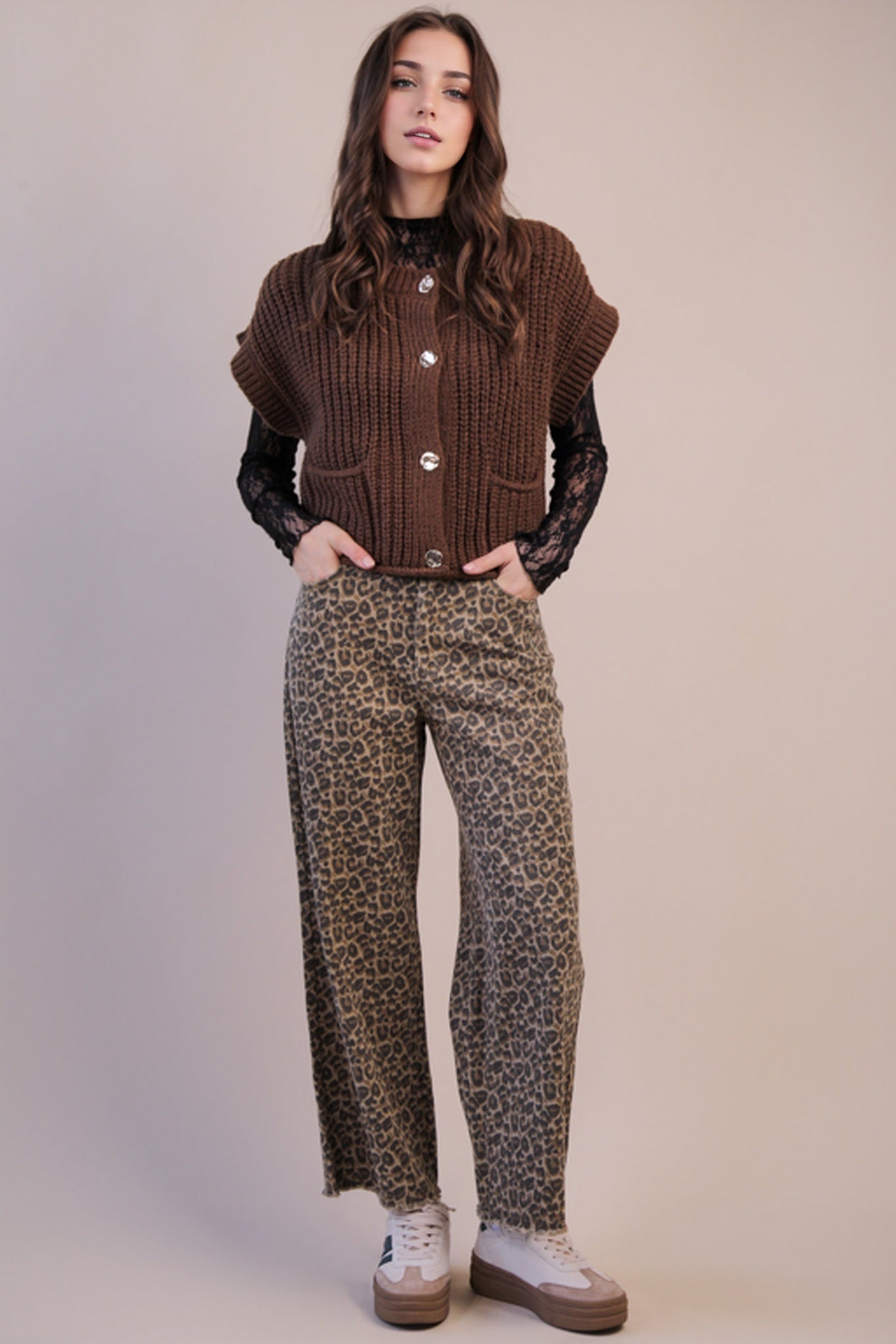 Brown Oversized Button Down Knit Sweater Top