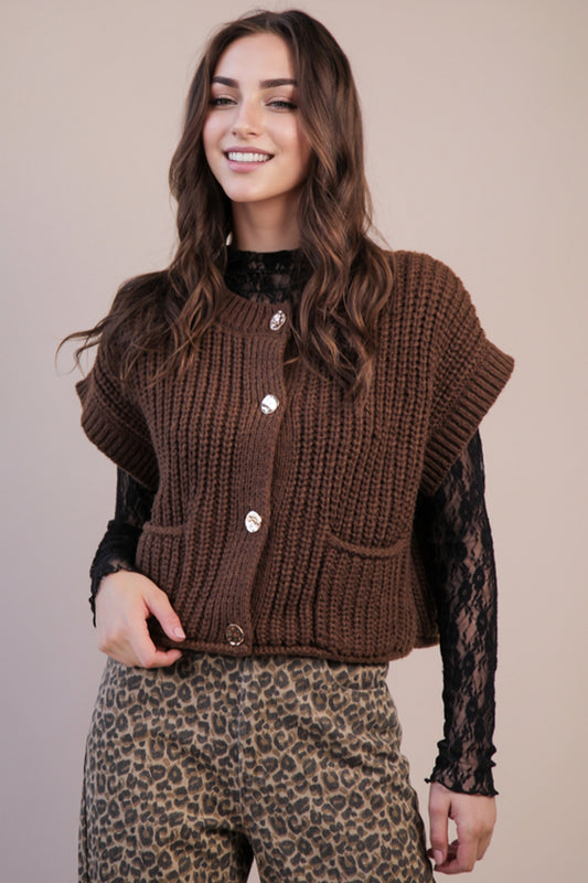 Brown Oversized Button Down Knit Sweater Top
