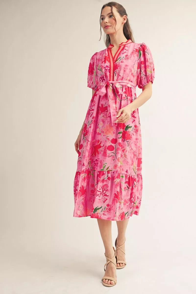 Blush Garden Puff Sleeve Midi Dress
