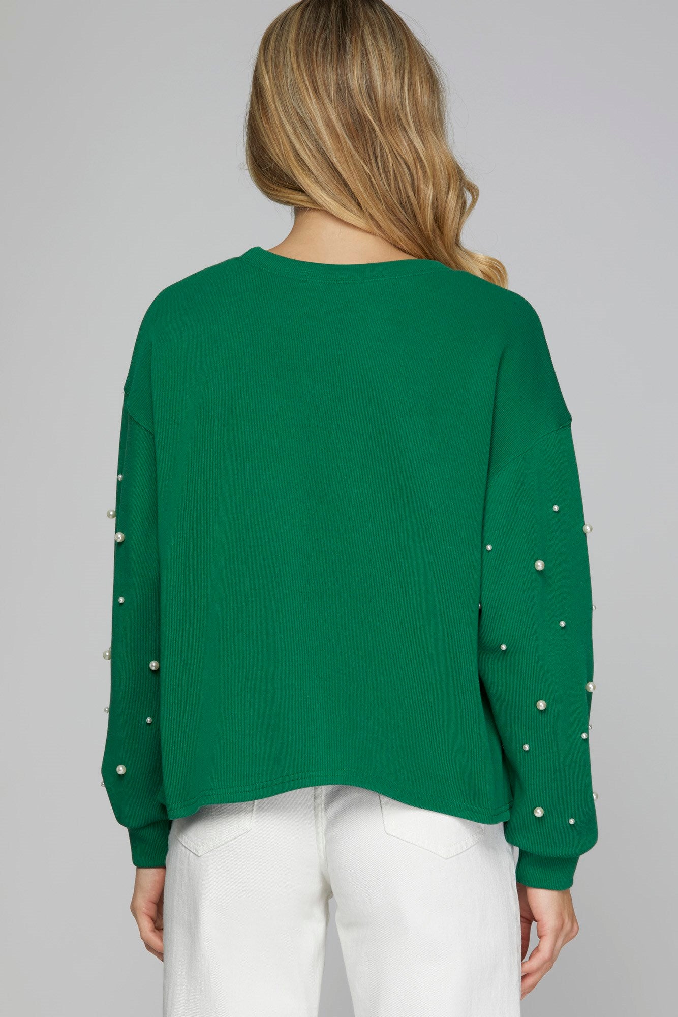 Green Long Sleeve Pearl Knit Top