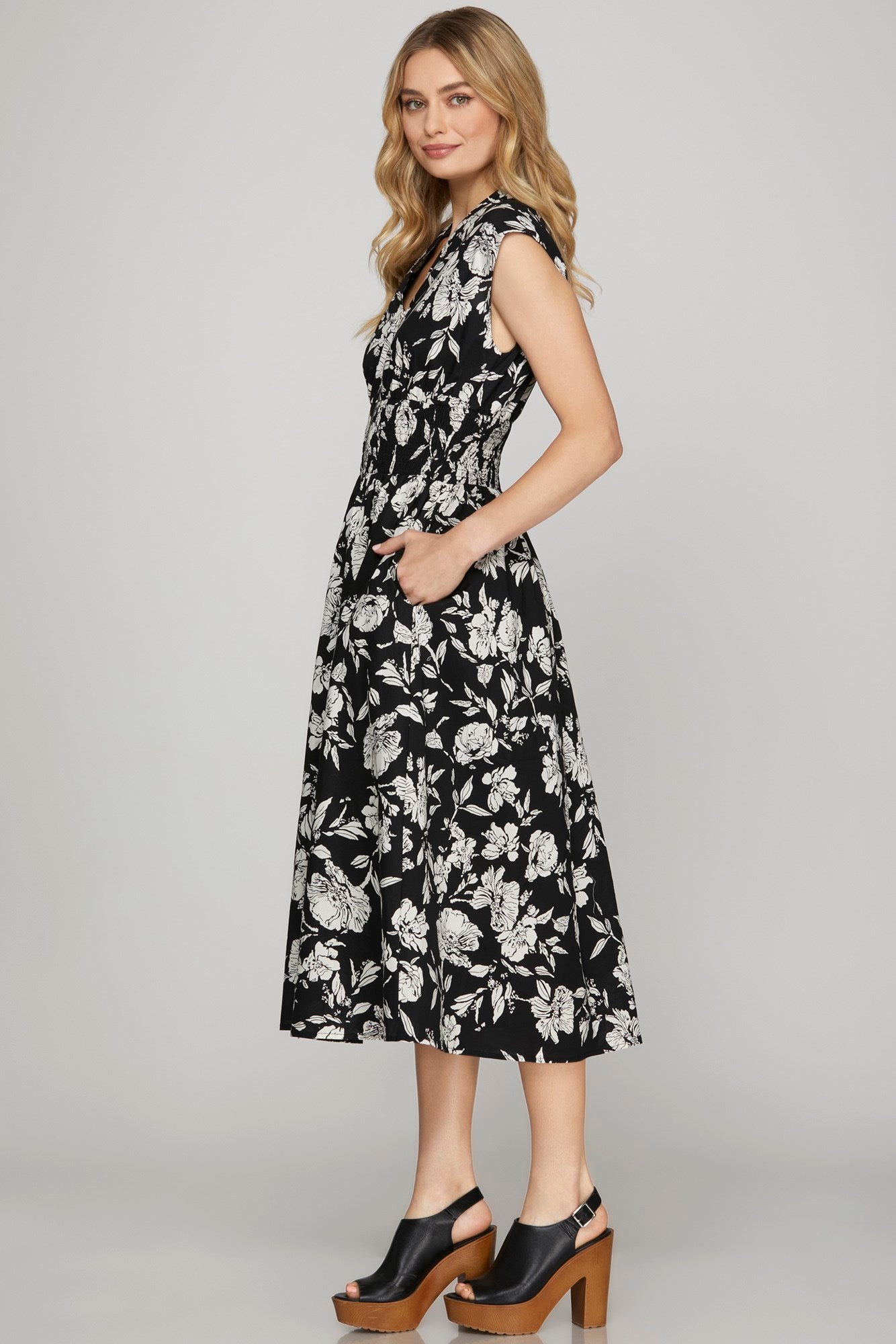 Floral Black Zipper Midi Dress