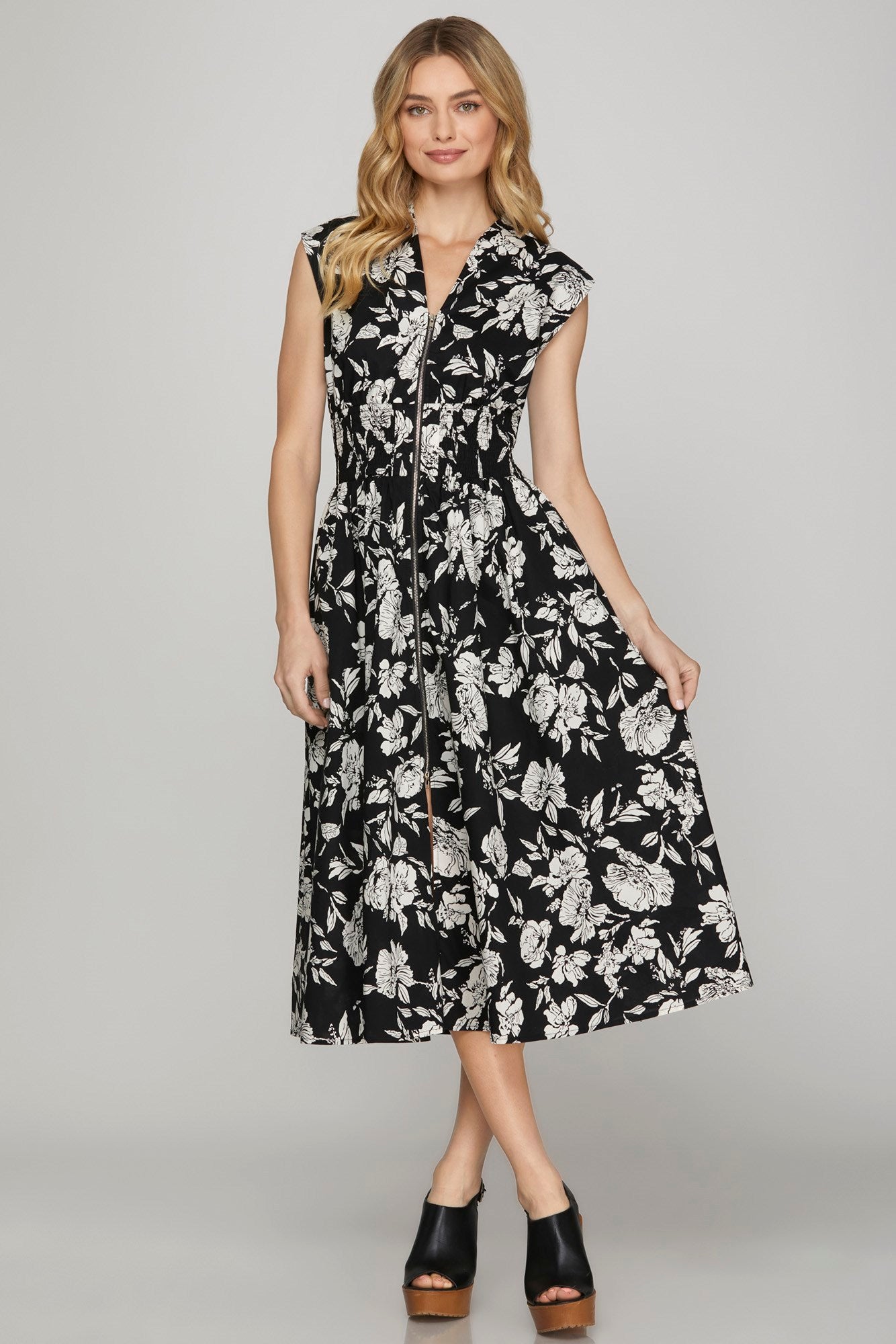 Floral Black Zipper Midi Dress