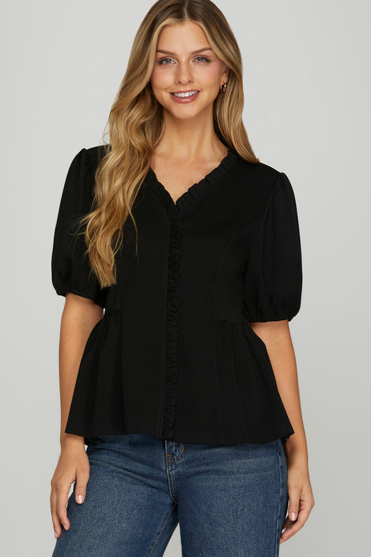 Black Ruffle Detail Peplum Scuba Top