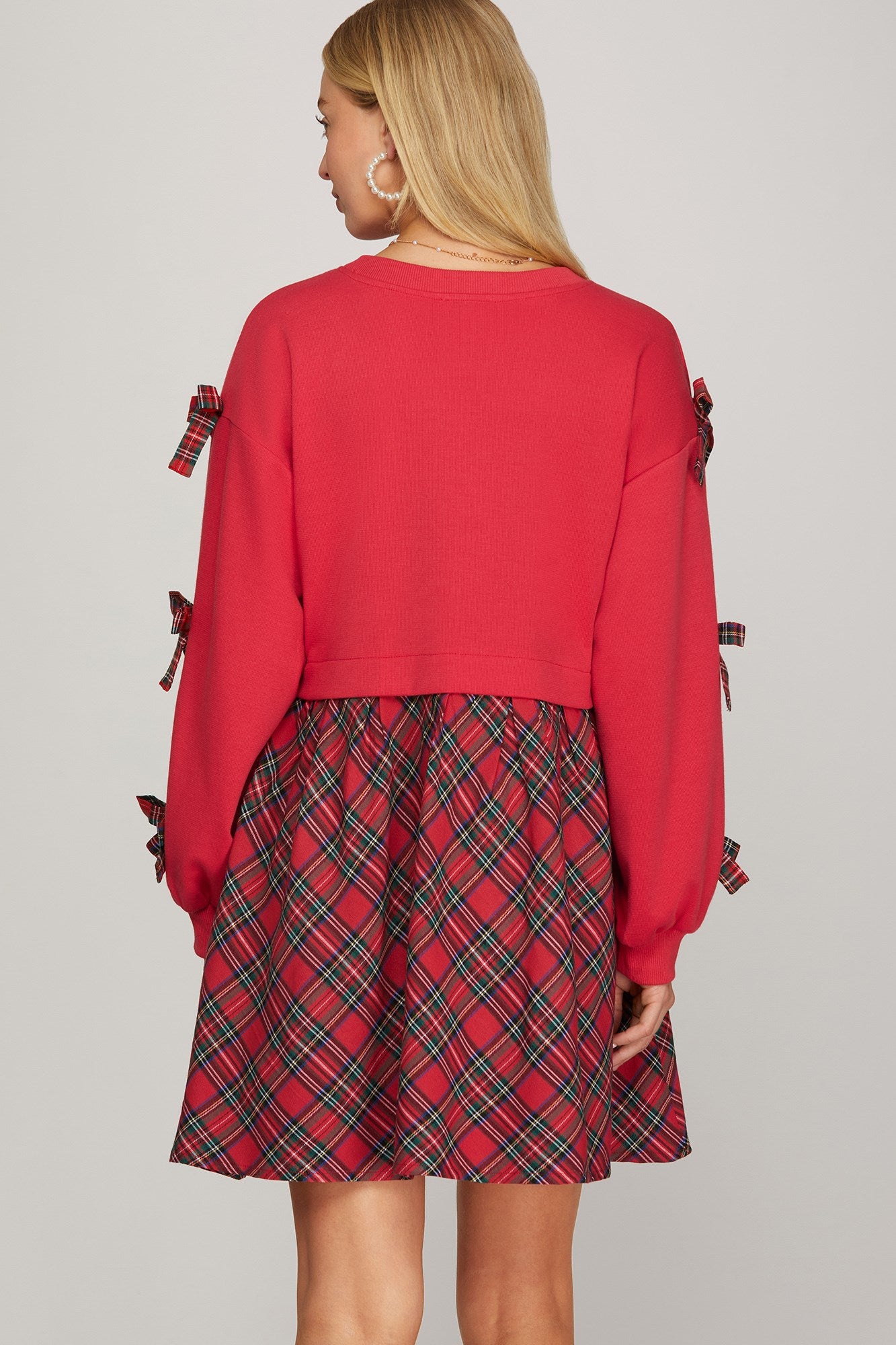Bow Detail Plaid Red Dress