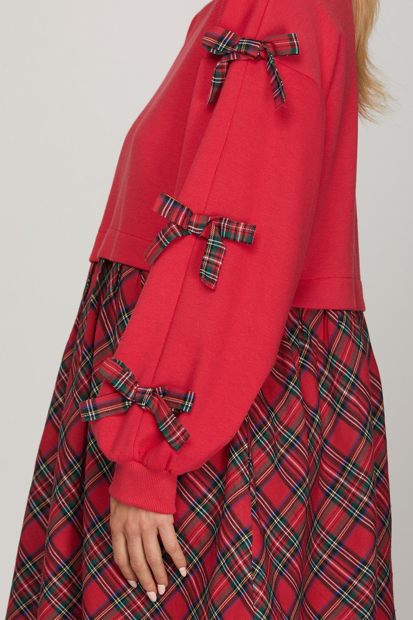 Bow Detail Plaid Red Dress