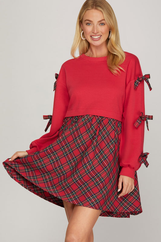 Bow Detail Plaid Red Dress