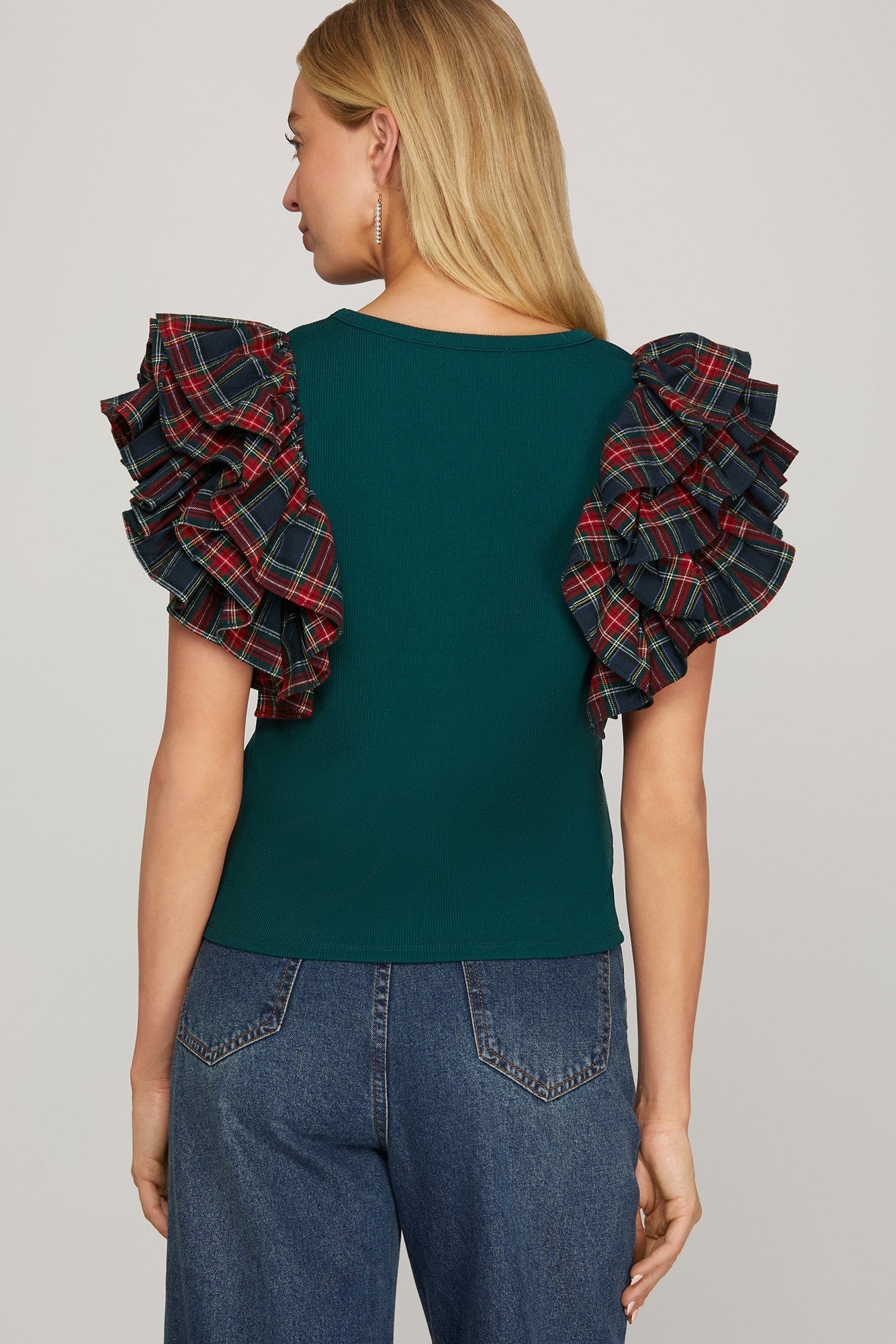 Green Ribbed Top with Plaid Holiday Top
