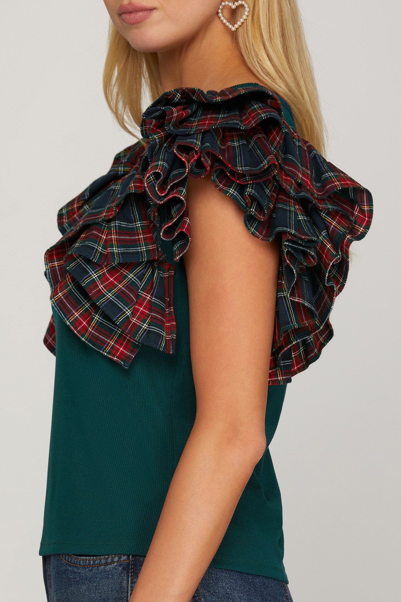 Green Ribbed Top with Plaid Holiday Top
