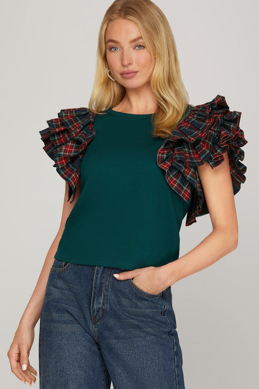 Green Ribbed Top with Plaid Holiday Top