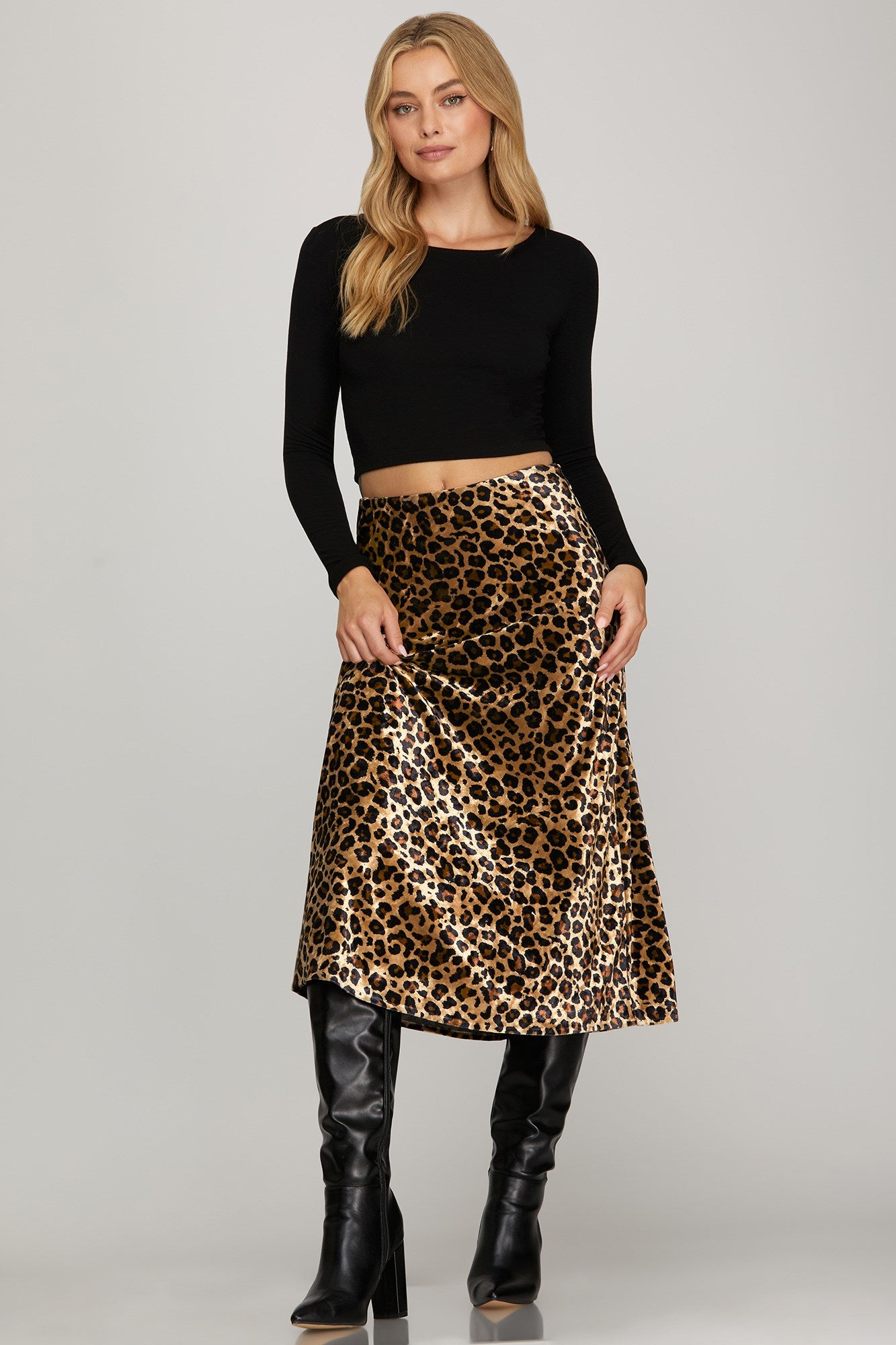 Leopard Print Velvet Midi Skirt