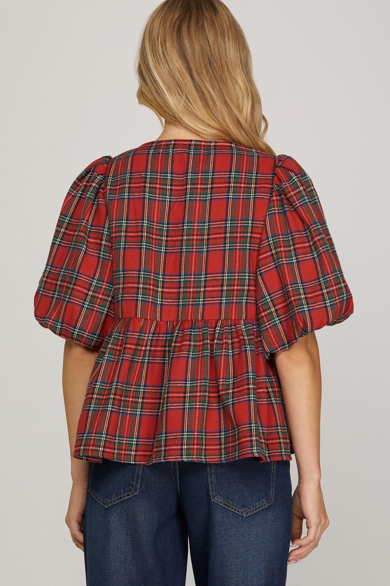Puff Sleeve Front Tie Bow Woven Plaid Baby Doll Top