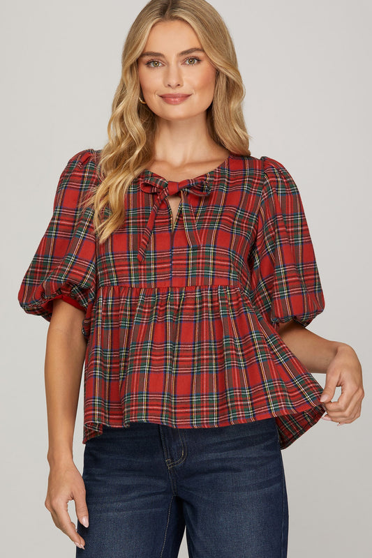 Puff Sleeve Front Tie Bow Woven Plaid Baby Doll Top