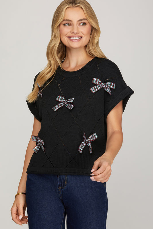 Black Drop Short Sleeve Checked Bow Sweater Top