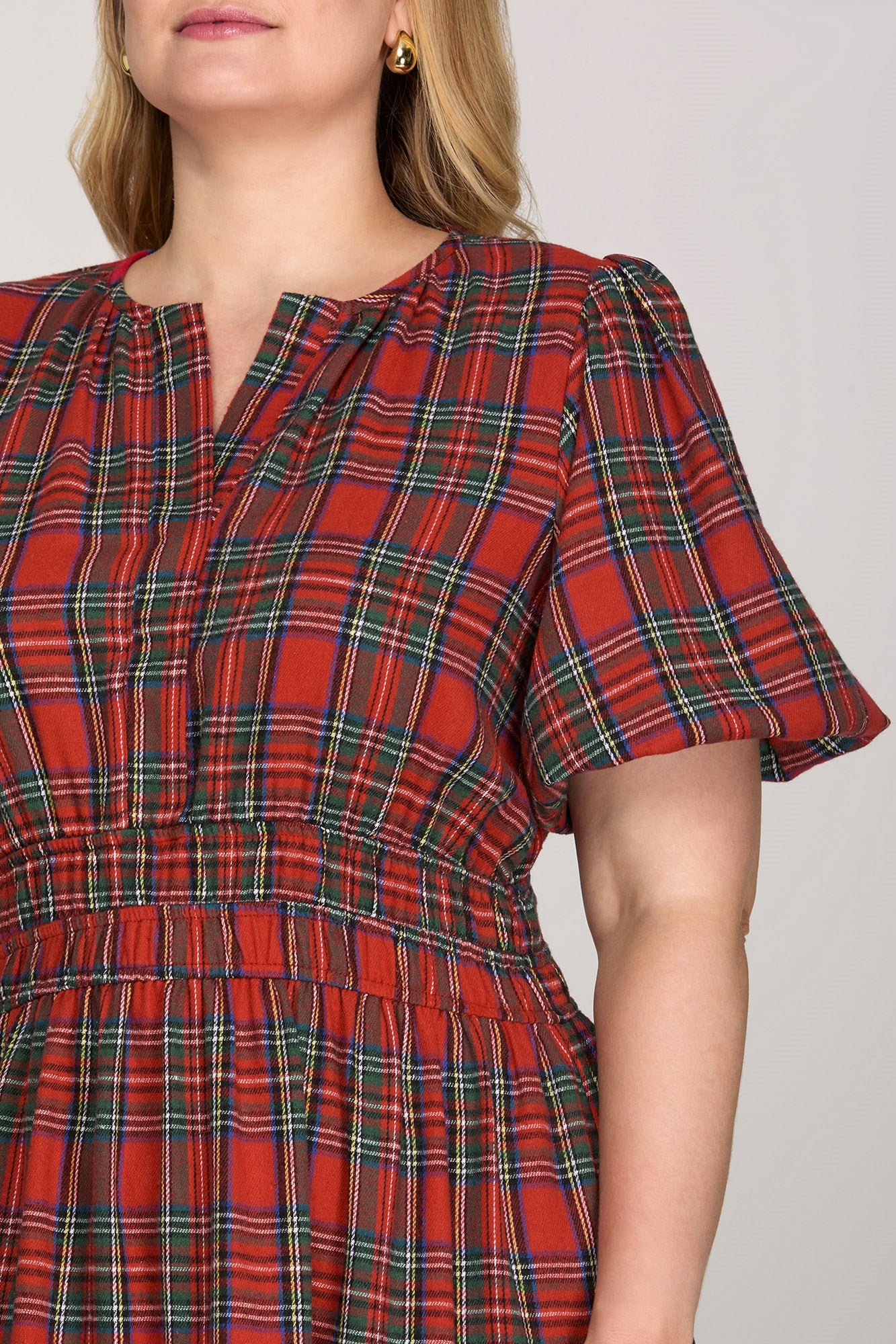 Holiday Plaid Puff Sleeve Tiered Midi Dress – Plus