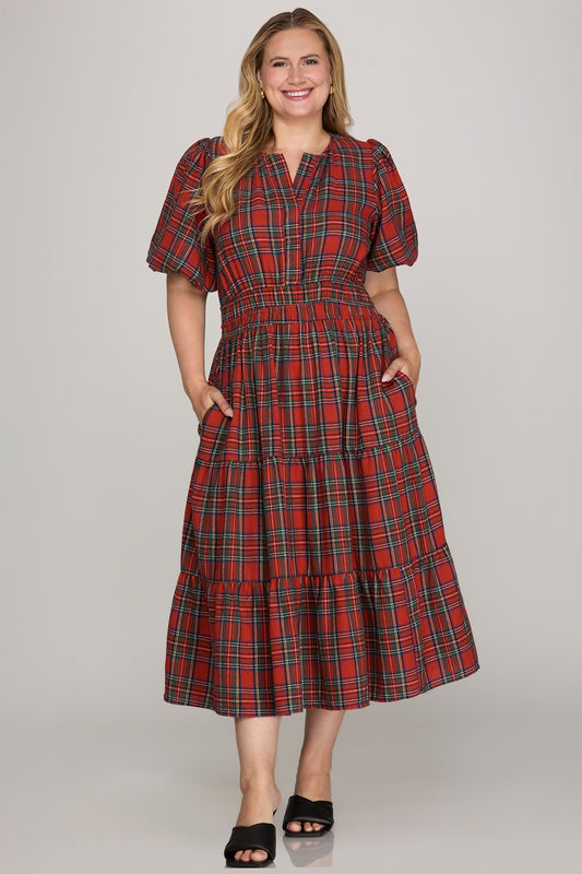 Holiday Plaid Puff Sleeve Tiered Midi Dress – Plus