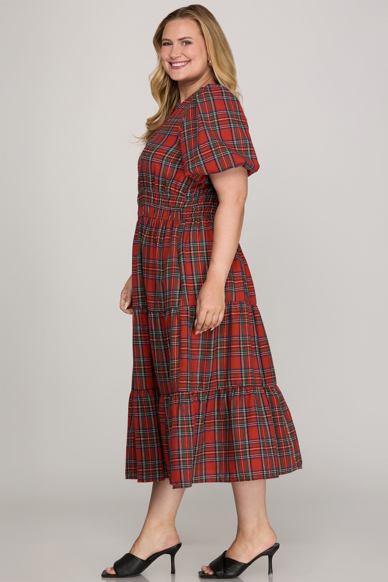 Holiday Plaid Puff Sleeve Tiered Midi Dress – Plus
