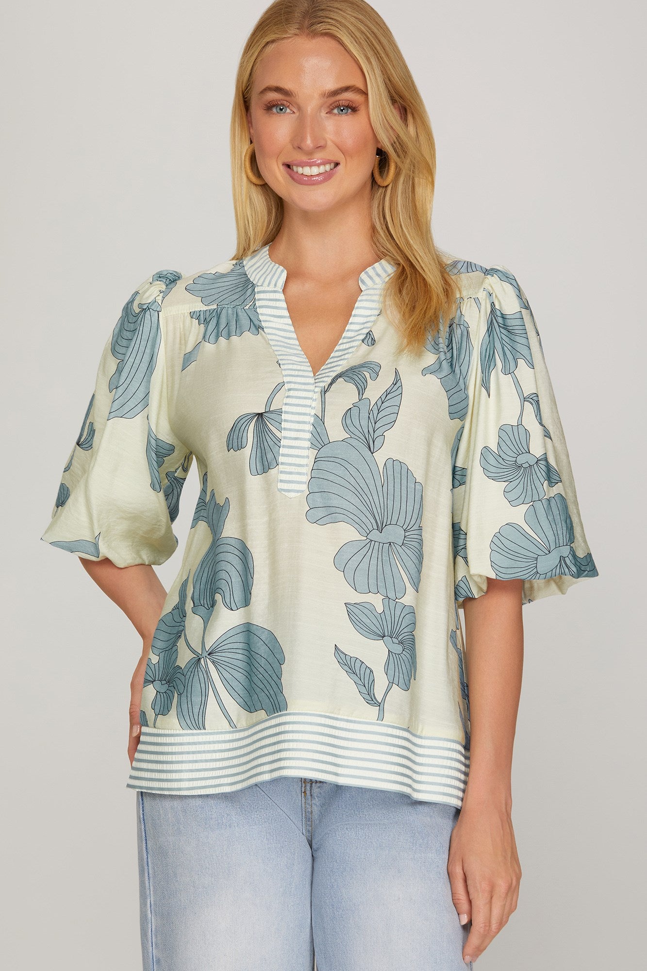 Bubble Sleeve Printed Woven Top