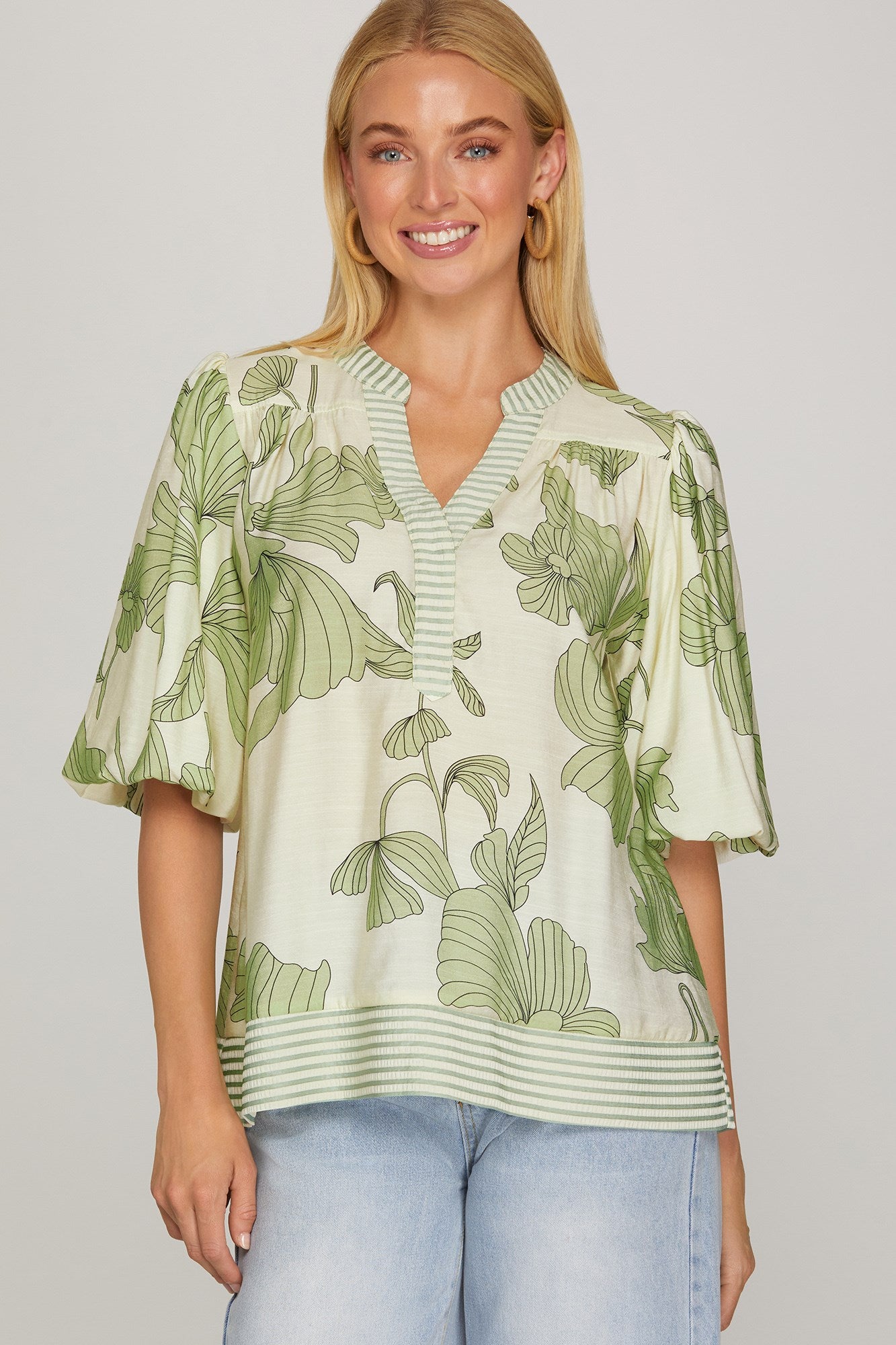 Bubble Sleeve Printed Woven Top