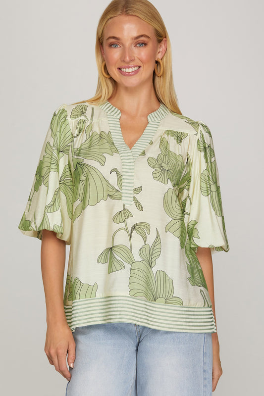 Bubble Sleeve Printed Woven Top